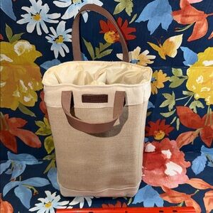 Legacy Natural Canvas Insulated Wine Tote with Brown Leather Handles